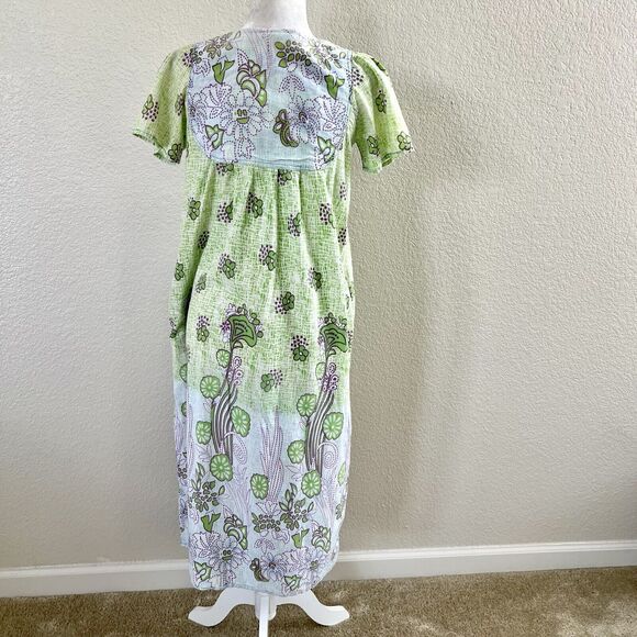 Vintage Loungees Small Green Blue Floral Mumu House Sleep Dress Kaftan Pockets - Picture 7 of 11